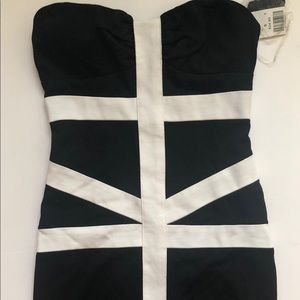 Black and white bandage strapless dress